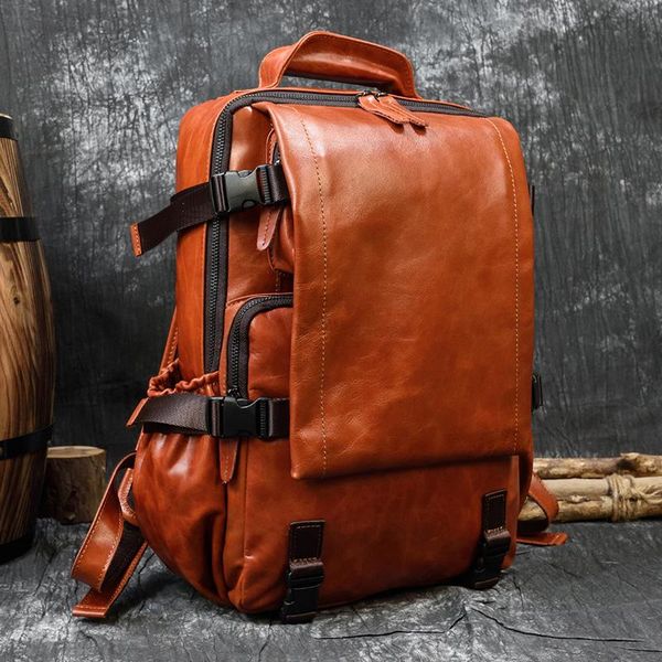 backpack luufan genuine leather for man fit 14 inch pc rucksack real cowskin large travel backpacks women black brown daypack